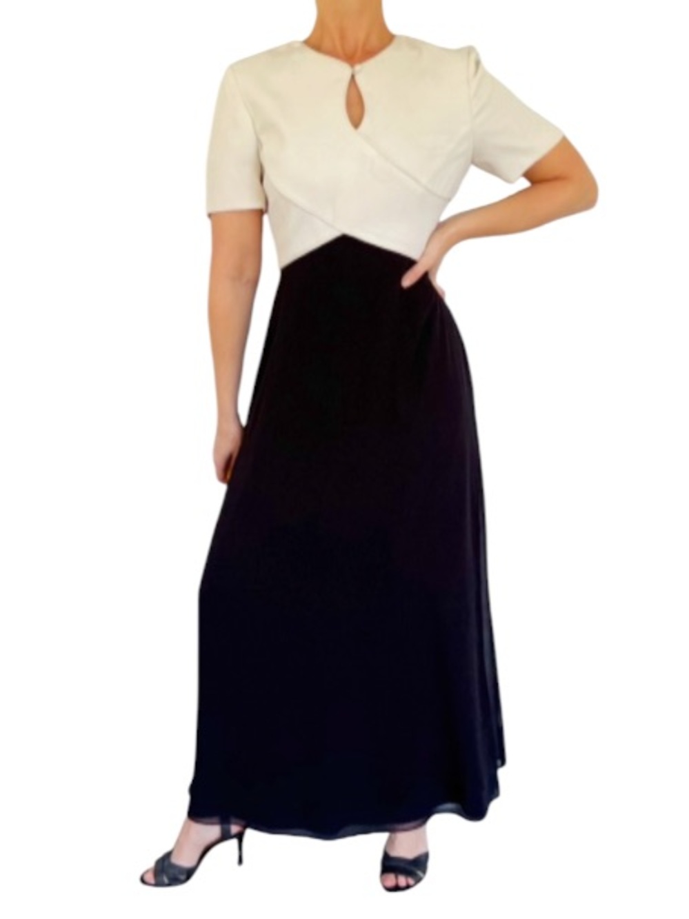 Vintage Liz Claiborne Night white black short sleeve keyhole neck gown size 10